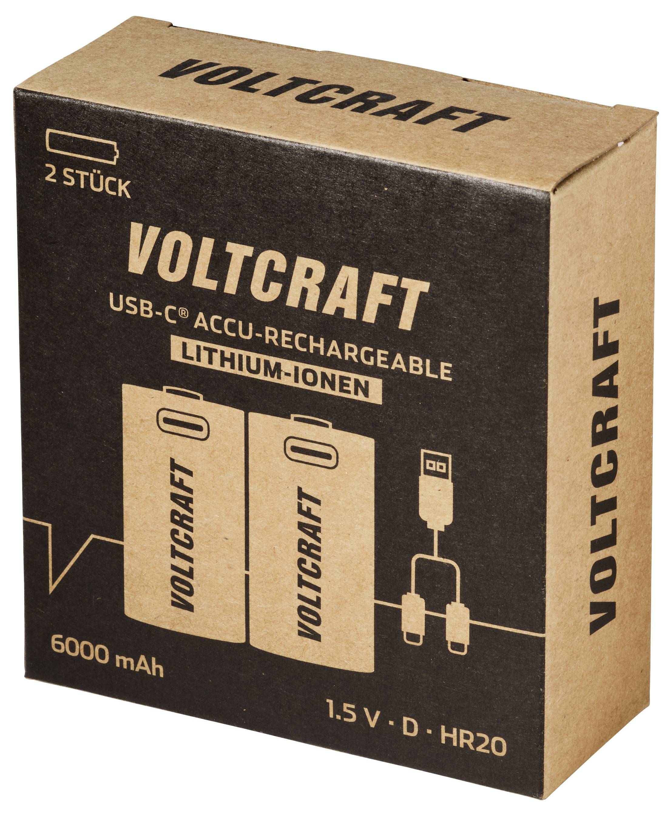 Doos met twee VOLTCRAFT USB-C oplaadbare lithium-ion batterijen, 6000 mAh, 1,5 V D HR20.