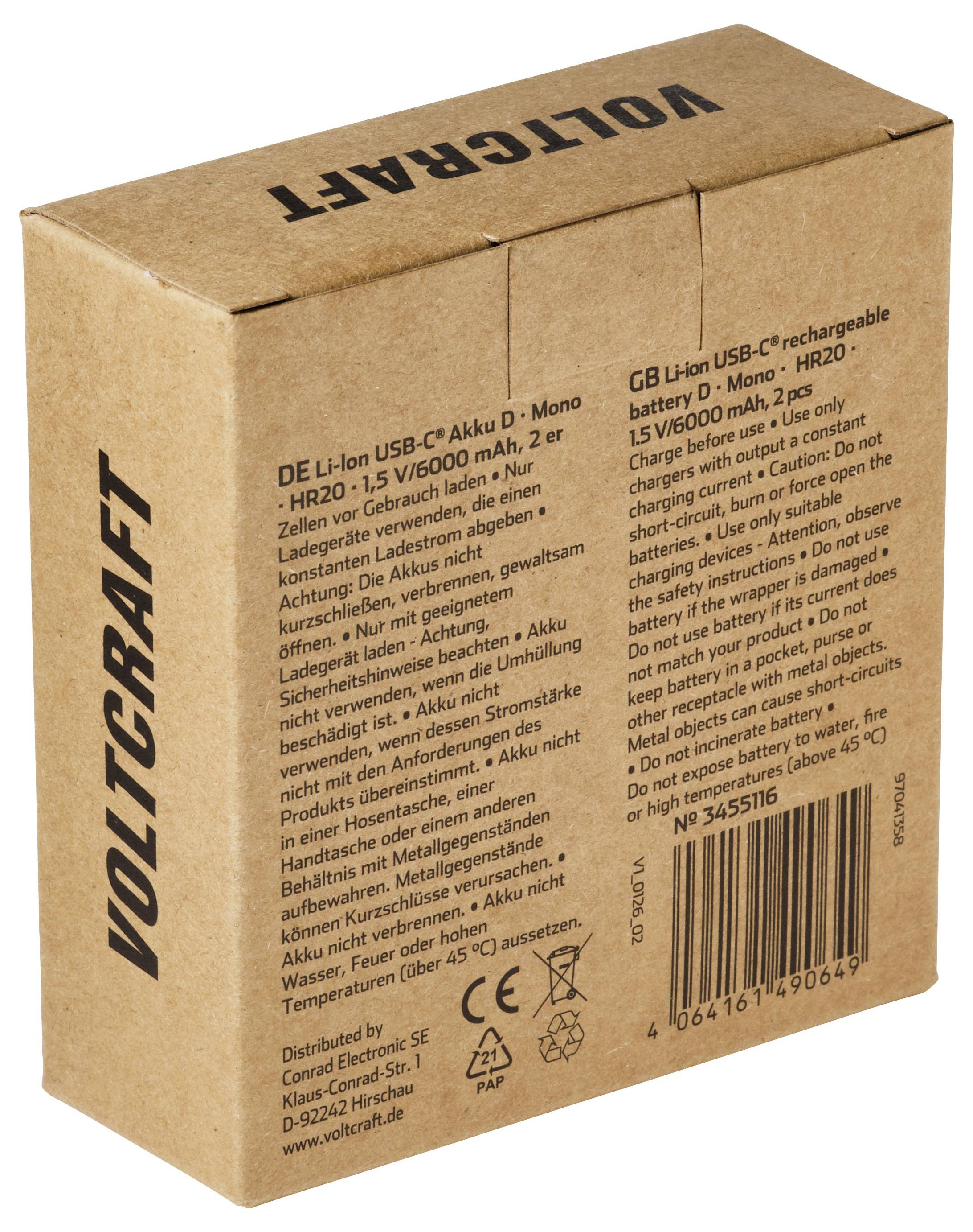 VOLTCRAFT Oplaadbare D batterij (mono) Li-ion 6000 mAh 1.5 V 2 stuk(s)-4