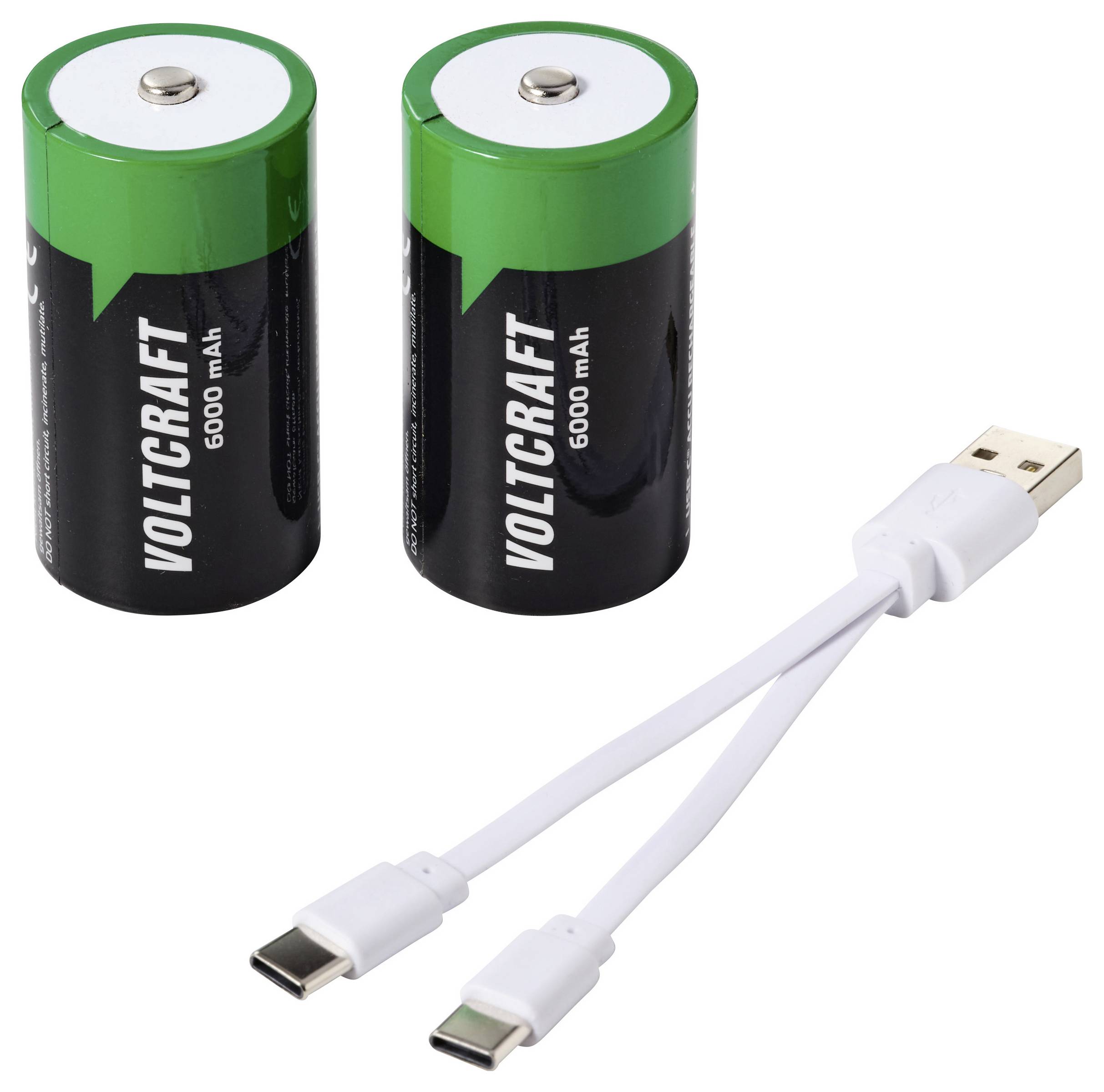 Twee Voltcraft 6000 mAh batterijen en een witte USB-C splitterkabel met twee USB-C aansluitingen en één USB-A stekker.