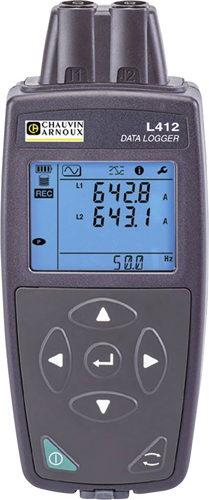 Een digitale datalogger die twee stroommetingen weergeeft: 'L1 642,8 A' en 'L2 643,1 A' op een blauw scherm, met bedieningsknoppen eronder.