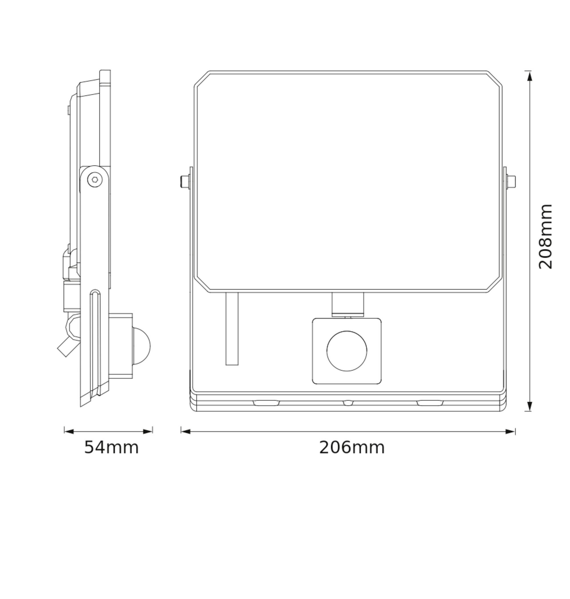 Technische tekening van een rechthoekig apparaat met afmetingen: 206 mm breedte, 208 mm hoogte, 54 mm diepte, gezien van voren en opzij.