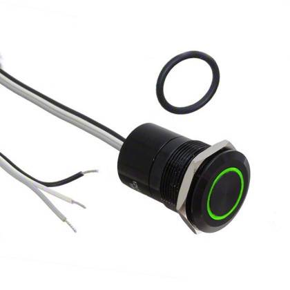 Ronde zwarte drukknopschakelaar met groene LED-ring, aangesloten draden aan de linkerkant, en een rubberen O-ring ernaast.