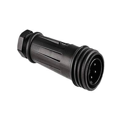 'Een zwarte 4-pins elektrische connector, cilindrisch met groeven, ontworpen voor industrieel gebruik, liggend op zijn zij.'