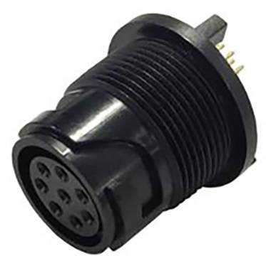 Een ronde, zwarte, 9-pins mannelijke elektrische connector met een schroefdraadbehuizing, gebruikt voor beveiligde kabelverbindingen in elektronische apparaten.