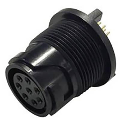 Een ronde, zwarte, 9-pins mannelijke elektrische connector met een schroefdraadbehuizing, gebruikt voor beveiligde kabelverbindingen in elektronische apparaten.