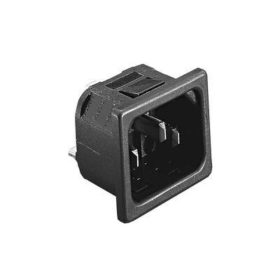 Een zwarte AC-voedingsinlaat met een rechthoekig frame en drie pinnen, doorgaans gebruikt voor het aansluiten van voedingskabels op elektronische apparaten.