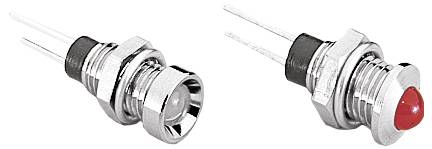 Twee metalen drukknopschakelaars, één met een platte bovenkant en één met een rode knop, weergegeven met schroefdraadassen en aangesloten draden.