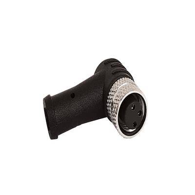 Een zwarte en zilveren XLR-audiostekker met rechte hoek met drie metalen pinnen zichtbaar, ontworpen voor aansluitingen van professionele audio-apparatuur.