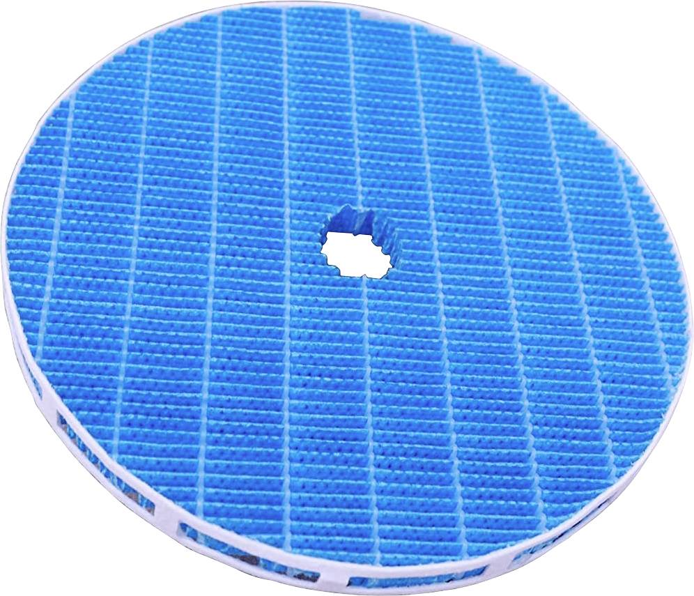 Een blauwe, ronde luchtfilter met een rasterpatroon, voorzien van een centraal gat, ontworpen voor gebruik in een ventilatie- of zuiveringssysteem.