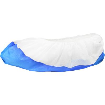 Een wegwerpbare blauwe en witte schoenovertrek ontworpen voor gebruik in schone ruimtes of medische omgevingen. Vervaardigd uit non-woven stof met elastische randen.