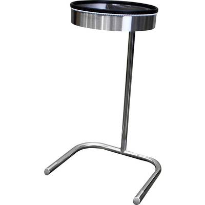Een glanzende, metalen asbak op een hoge standaard met een ronde bovenkant en een U-vormige voet, ontworpen voor openbaar of buitengebruik.