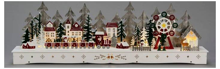 Een decoratieve houten kerstscène met huizen, bomen, een trein en een reuzenrad, allemaal verlicht met zacht licht.
