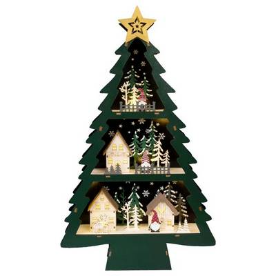 Een decoratieve houten kerstboom met miniatuurhuisjes, sneeuwpoppen en bomen met LED-verlichting, bekroond met een ster, die een feestelijke scène creëert.