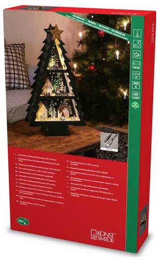 Doos met een decoratieve houten kerstboom met LED-verlichting en miniatuur winterscènes. Boom gepositioneerd naast een verlichte kerstboom.