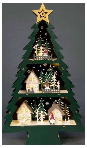 Houten decoratieve kerstboom met ster, met kleine huisjes, bomen, sneeuwvlokken en gnomen-figuurtjes op meerdere gelaagde niveaus.
