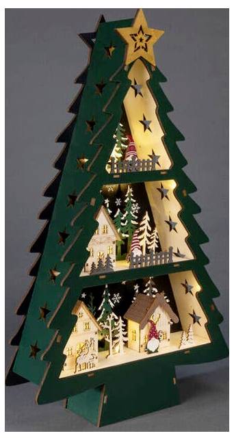 Houten kerstboomdecoratie met sterrenknippen, met verlichte mini-taferelen van huizen en figuren op drie niveaus, bekroond door een ster.