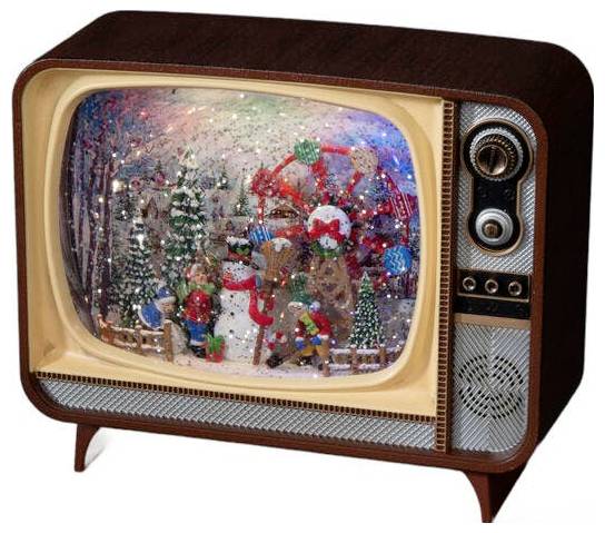 Een vintage televisie met een feestelijk, met sneeuw bedekt vakantietafereel binnenin het scherm, met kinderen, een sneeuwpop en kerstversieringen.