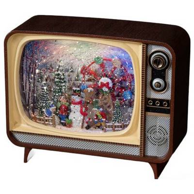 Een vintage televisie met een feestelijk, met sneeuw bedekt vakantietafereel binnenin het scherm, met kinderen, een sneeuwpop en kerstversieringen.