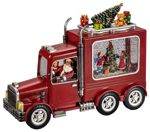 Een decoratieve rode truck met een Kerstman-figuurtje achter het stuur en een sneeuwbol in de laadruimte met een kerstboom en cadeaus.