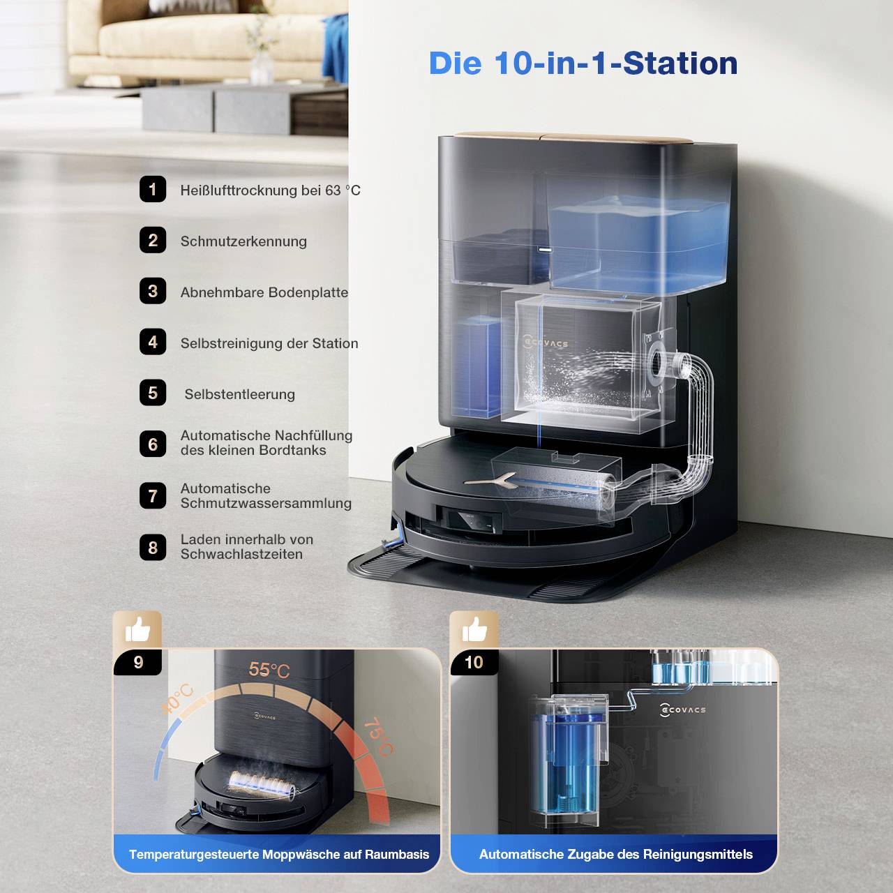 'Het 10-in-1-station' toont een reinigingsstation met hoge temperatuurdamp, automatische reinigingsmiddeldosering en droogfunctie. Diagrammen verduidelijken temperatuurcontrole en automatische dosering.