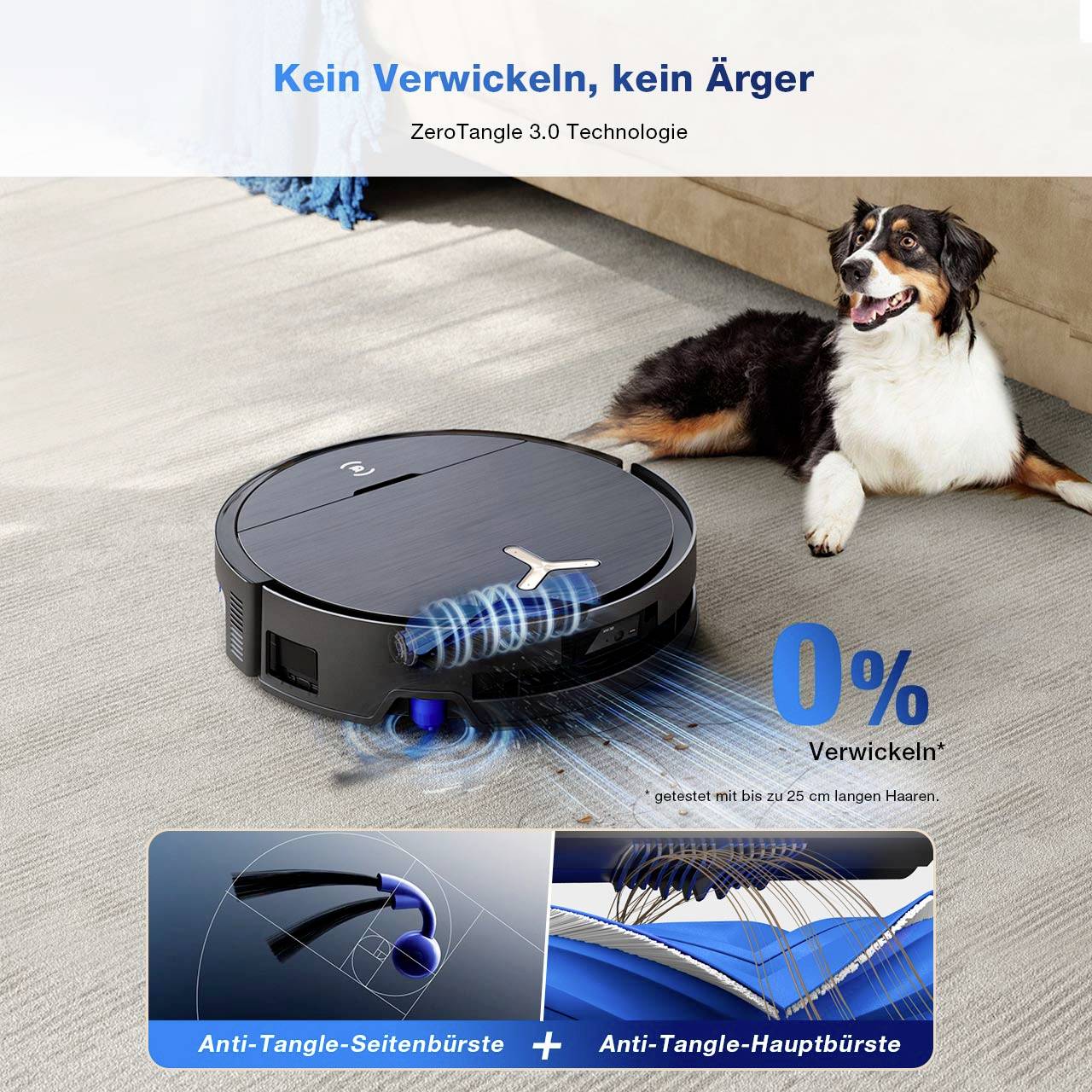 Een stofzuigerrobot reinigt een tapijt naast een hond. Tekst: 'Geen verstrengeling, geen gedoe', toont anti-verstrengeling technologie.