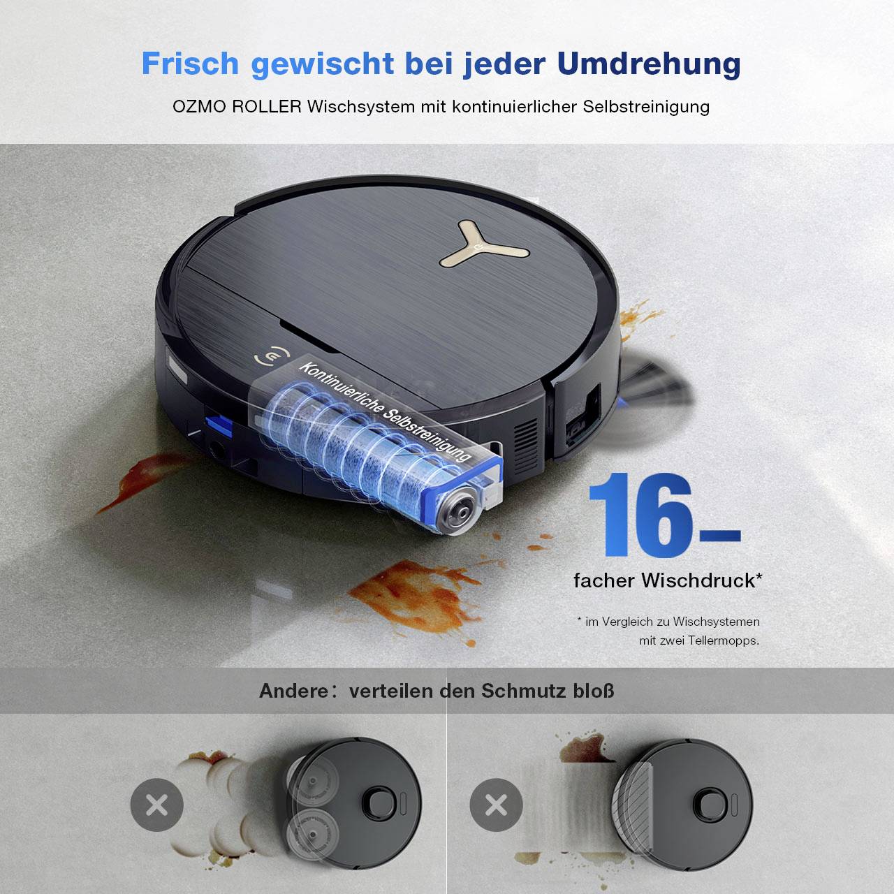 Een zwarte robotstofzuiger met dweilfunctie. Tekst: 'Vers gedweild bij elke wenteling', '16-voudige dweeldruk'.