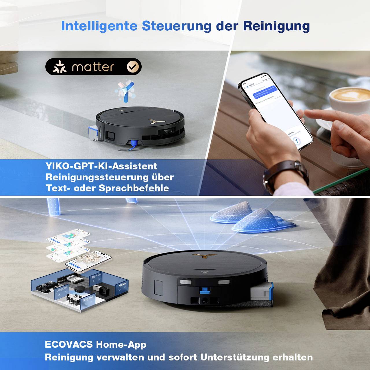 'Intelligente besturingszuiging': Een robotstofzuiger met smartphone-app. YIKO-GPT-AI-assistent maakt bediening via tekst of spraak mogelijk. ECOVACS Home-app voor ondersteuning.