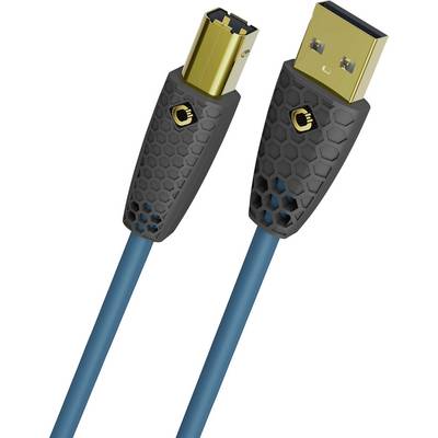 Een blauwe USB-kabel met een zeshoekig patroon op de aansluitbehuizing; het ene uiteinde is USB-A, en het andere is een vierkante metalen connector.