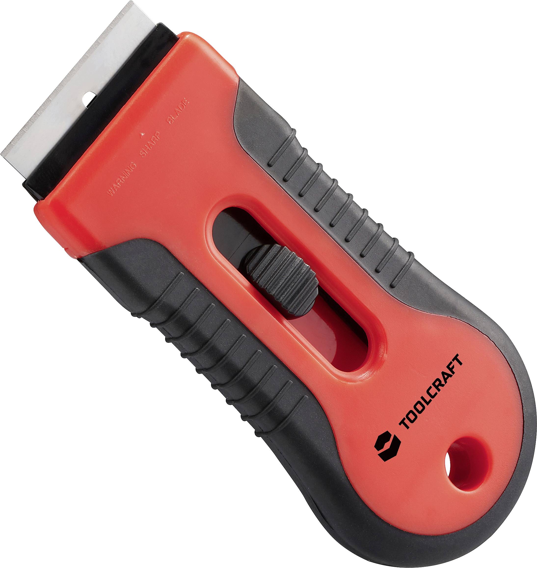 Een rood en zwart gereedschap met een intrekbaar blad en ergonomische grip. Het merk 'TOOLCRAFT' staat op de handgreep gedrukt. Gebruikt voor het schrapen.