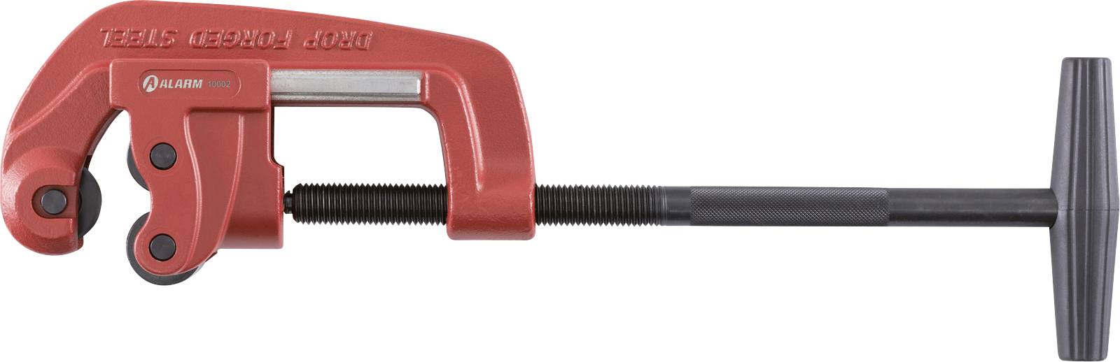 Een rode zware pijpsnijder met een draaibare handgreep, voorzien van twee zwarte snijwieltjes. Ontworpen voor het doorsnijden van metalen buizen, geschikt voor loodgieterswerk.