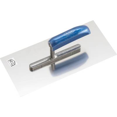 Een blauwe troffel met een platte, rechthoekige metalen kling, gebruikt voor het gladstrijken en afwerken van oppervlakken.