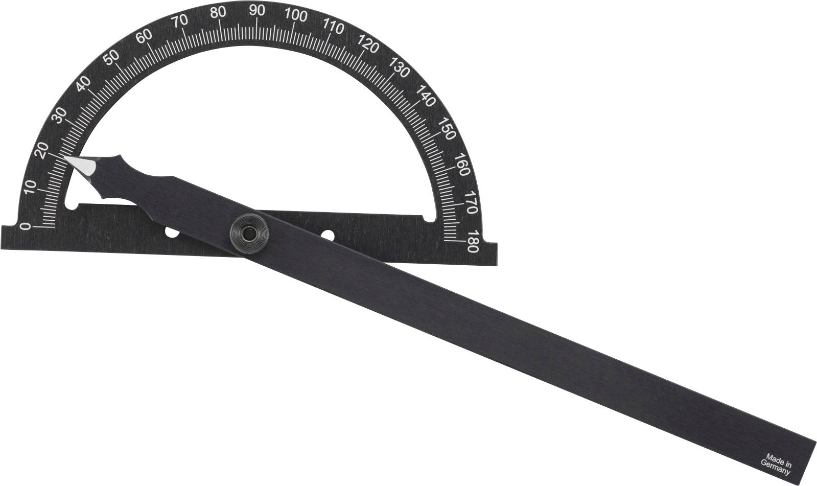 Een zwarte metalen gradenboog met een draaibare arm die ongeveer 25 graden is ingesteld, voorzien van graden van 0 tot 180 langs een halve cirkel.