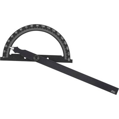 Een zwarte metalen gradenboog met een draaibare arm die ongeveer 25 graden is ingesteld, voorzien van graden van 0 tot 180 langs een halve cirkel.