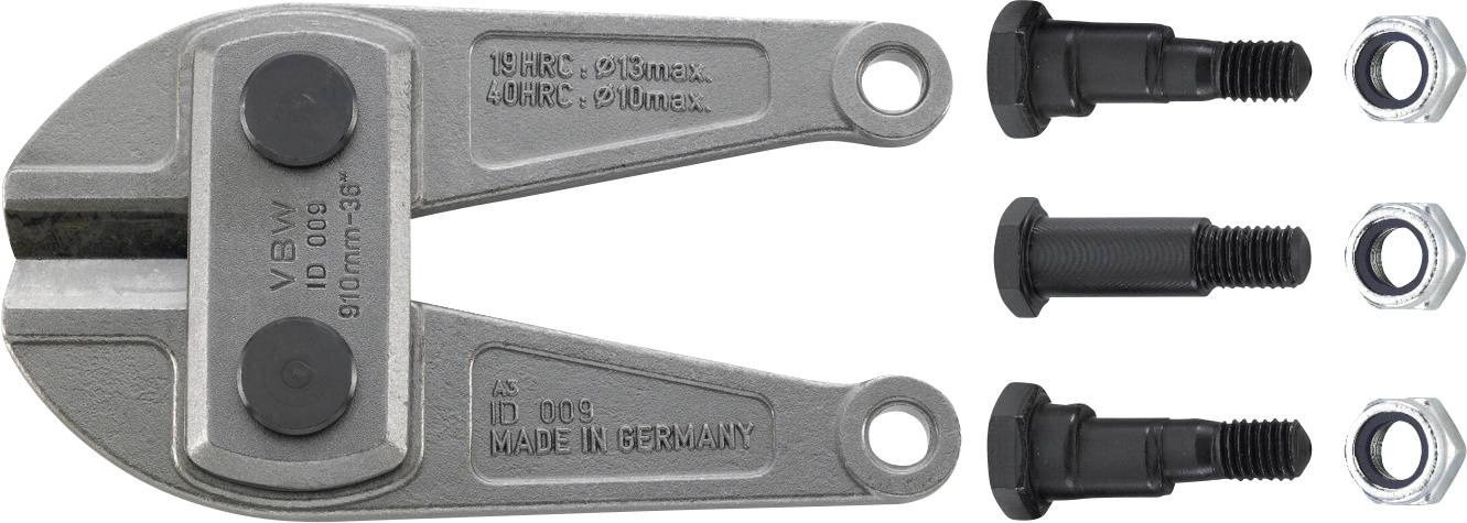'Boutenknipper bekken met zwarte bouten en moeren. Gelabeld: VBW, ID 008, Gemaakt in Duitsland. 15HRC/61Dmax, 40HRC/9Dmax.'