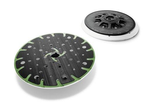Twee ronde schuurpads, één met een zwart oppervlak en groene randen, de andere zwart met de tekst 'FESTOOL' op de rand, op een witte achtergrond.