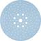 Een rond, blauw schuurschijfje met meerdere kleine gaten gerangschikt in concentrische cirkels, gebruikt voor het schuren van oppervlakken.