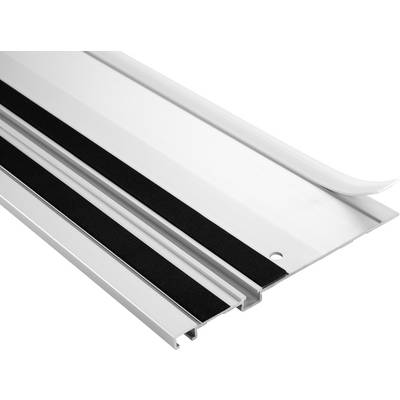 Aluminium drempelhol met rubberen afdichting, voorzien van groeven en een schroefgat voor montage. Ontworpen om tocht onder deuren te voorkomen.