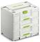 Een witte modulaire opbergdoos met de merknaam 'Festool' in het groen. Hij beschikt over meerdere laden en een handgreep bovenop voor draagbaarheid.