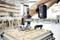 Een persoon gebruikt een elektrisch gereedschap om een schroef vast te draaien op een houten werkbank in een werkplaats. Verschillende gereedschappen en houten constructies zijn op de achtergrond zichtbaar.