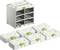 Een opslagsysteem met zeven modulaire dozen, bestaande uit een hoofdeenheid met zes kleinere stapelbare dozen, elk voorzien van het label 'Festool'.