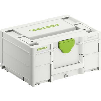 Een witte opbergdoos met 'FESTOOL' branding en een groene vergrendeling, ontworpen voor het organiseren van gereedschappen.
