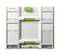 Gereedschapsopslagdoos met groene sluitingen en compartimenten, gelabeld 'Festool' en 'Systainer'.