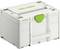 Een witte Festool Systainer opbergdoos met een groene handgreep, ontworpen voor het organiseren en transporteren van gereedschappen en toebehoren.