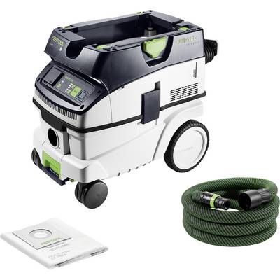 Een mobiele stofzuiger met wielen, een bedieningspaneel en een aangesloten slang. Inclusief een flexibele groene slang en een stofzak.