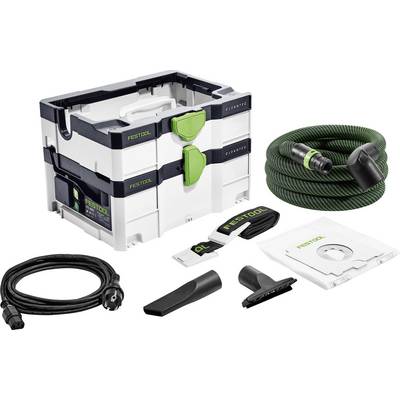 Festool CT MINI I HEPA stofzuiger met toebehoren: slang, filterzak, verstelbare draagriem en reinigingsmondstukken tentoongesteld.