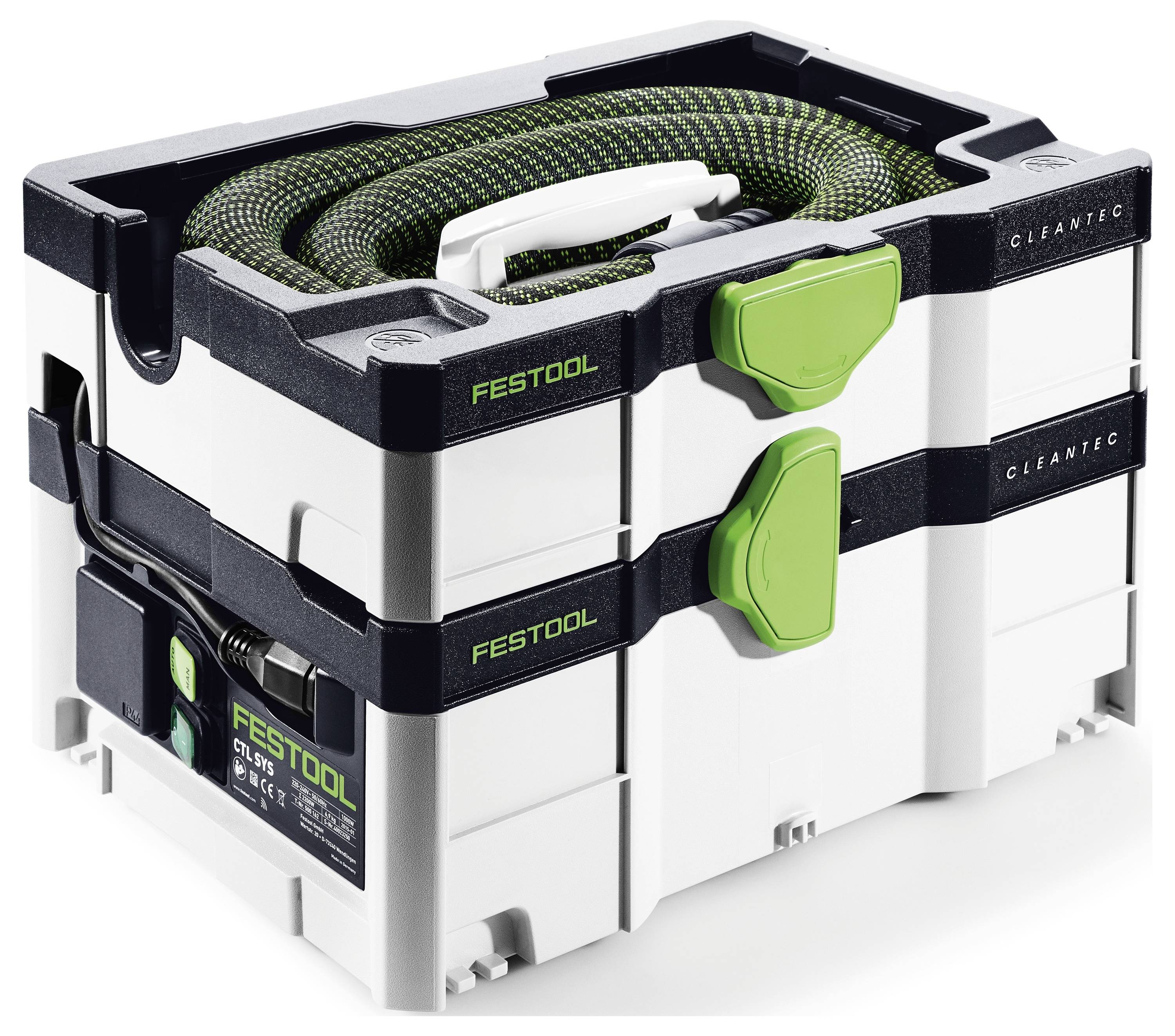 Een draagbare Festool stofzuiger met Systainer, voorzien van een groene slang en handgreep, ontworpen voor efficiënte stofafzuiging in werkplaatsen.