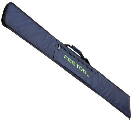 Een lange, blauwe draagtas met een handgreep en het woord 'Festool' in het groen gedrukt aan de zijkant, ontworpen voor het vervoeren van gereedschappen of apparatuur.