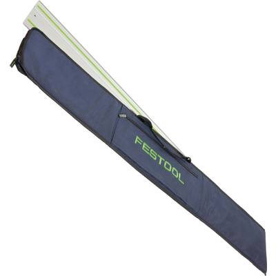 Blauwe Festool gereedschapstas met een zichtbare rail binnenin, schuin over de afbeelding geplaatst.
