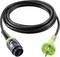 Een zwarte getwiste kabel met een groene stekker en een zwarte connector, geschikt voor elektrische of dataverbindingsdoeleinden.