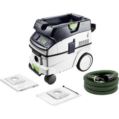 Een compacte, wielbareige stofzuiger met een digitaal display. Toebehoren zijn een groene slang en twee stofzakken, gemerkt 'Festool'.